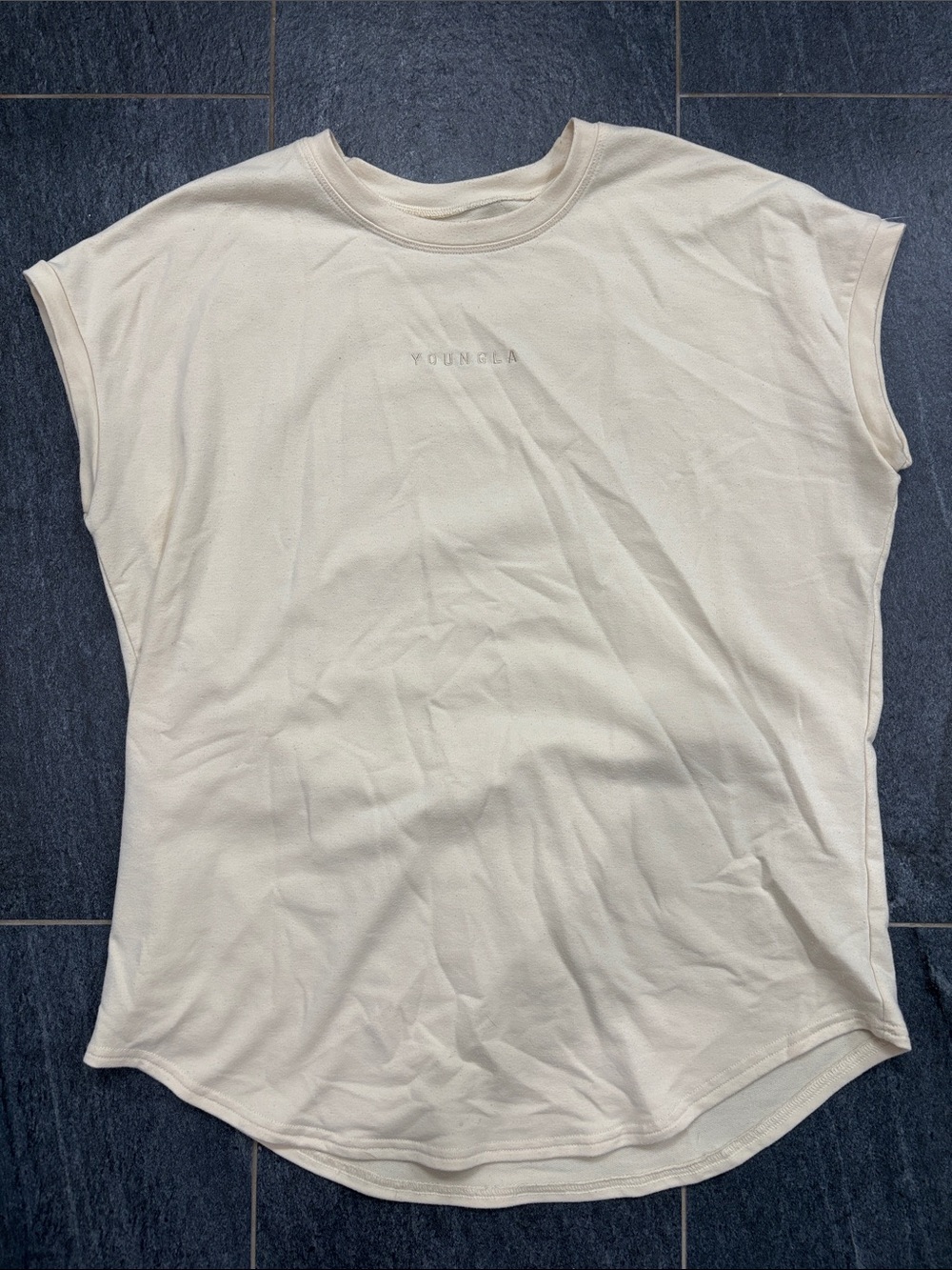 YoungLA Men's Cream Embroidered Logo DropSleeve T-Shirt